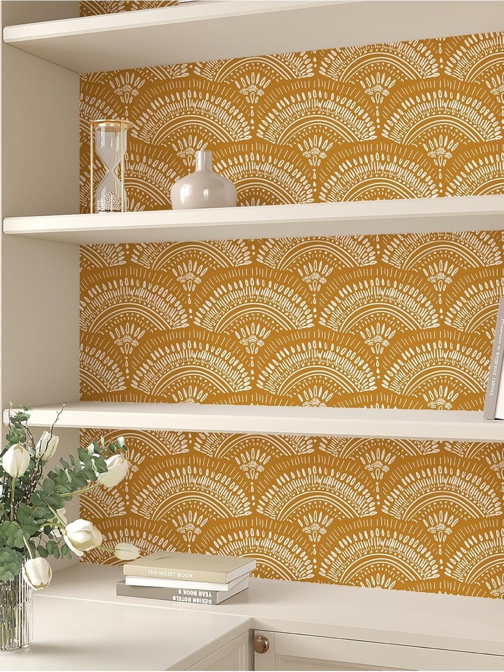 Boho Wallpaper with Scalloped Fans Motif in Yellow Ochre and White